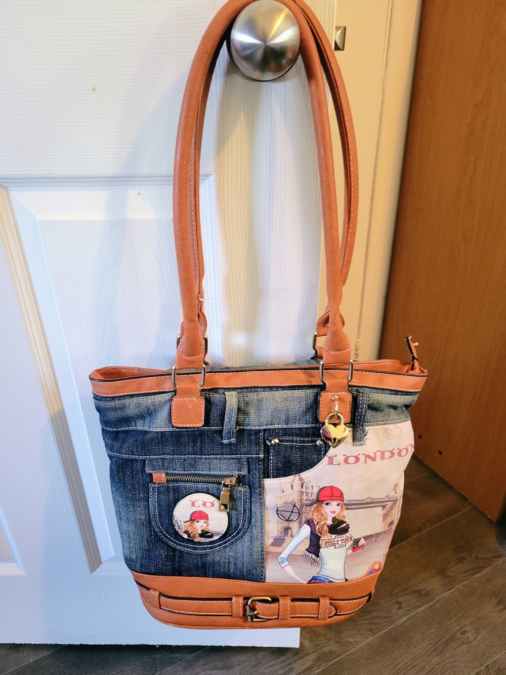 Women's Casual Denim Tote with Tan Trim and London Print.